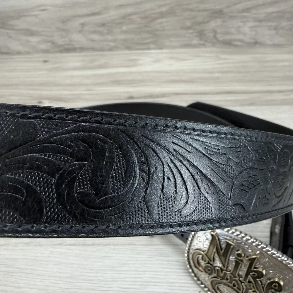 Nike Country Belt Men's Plaque Buckle Embossed Black Leather Belt Size L 38-40